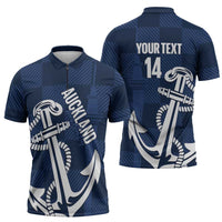 New Zealand Auckland Football Custom Zipper Polo Shirt Navy Blue City Anchor Sky Tower Symbol - Polynesian Pride
