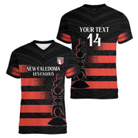 Custom New Caledonia Football Women V-Neck T-Shirt Allez Les Cagous Polynesian Pattern