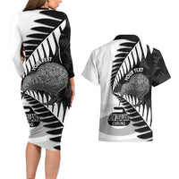 New Zealand Silver Fern Curling Personalised Couples Matching Long Sleeve Bodycon Dress and Hawaiian Shirt Aotearoa Kiwi Ponga Black White Version - Polynesian Pride