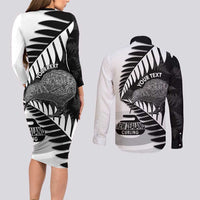 New Zealand Silver Fern Curling Personalised Couples Matching Long Sleeve Bodycon Dress and Long Sleeve Button Shirt Aotearoa Kiwi Ponga Black White Version - Polynesian Pride