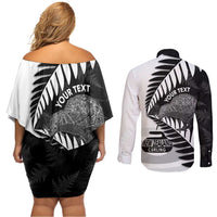 New Zealand Silver Fern Curling Personalised Couples Matching Off Shoulder Short Dress and Long Sleeve Button Shirt Aotearoa Kiwi Ponga Black White Version - Polynesian Pride