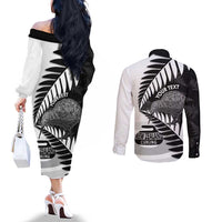 New Zealand Silver Fern Curling Personalised Couples Matching Off The Shoulder Long Sleeve Dress and Long Sleeve Button Shirt Aotearoa Kiwi Ponga Black White Version - Polynesian Pride