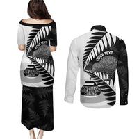New Zealand Silver Fern Curling Personalised Couples Matching Puletasi and Long Sleeve Button Shirt Aotearoa Kiwi Ponga Black White Version - Polynesian Pride