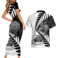 New Zealand Silver Fern Curling Personalised Couples Matching Short Sleeve Bodycon Dress and Hawaiian Shirt Aotearoa Kiwi Ponga Black White Version - Polynesian Pride