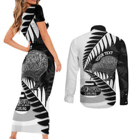 New Zealand Silver Fern Curling Personalised Couples Matching Short Sleeve Bodycon Dress and Long Sleeve Button Shirt Aotearoa Kiwi Ponga Black White Version - Polynesian Pride