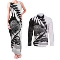 New Zealand Silver Fern Curling Personalised Couples Matching Tank Maxi Dress and Long Sleeve Button Shirt Aotearoa Kiwi Ponga Black White Version - Polynesian Pride