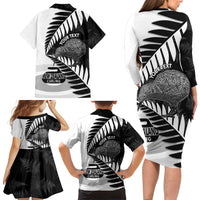 New Zealand Silver Fern Curling Personalised Family Matching Long Sleeve Bodycon Dress and Hawaiian Shirt Aotearoa Kiwi Ponga Black White Version - Polynesian Pride