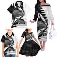 New Zealand Silver Fern Curling Personalised Family Matching Off The Shoulder Long Sleeve Dress and Hawaiian Shirt Aotearoa Kiwi Ponga Black White Version - Polynesian Pride
