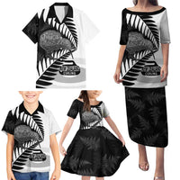 New Zealand Silver Fern Curling Personalised Family Matching Puletasi and Hawaiian Shirt Aotearoa Kiwi Ponga Black White Version - Polynesian Pride