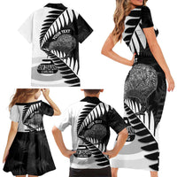 New Zealand Silver Fern Curling Personalised Family Matching Short Sleeve Bodycon Dress and Hawaiian Shirt Aotearoa Kiwi Ponga Black White Version - Polynesian Pride