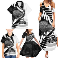 New Zealand Silver Fern Curling Personalised Family Matching Summer Maxi Dress and Hawaiian Shirt Aotearoa Kiwi Ponga Black White Version - Polynesian Pride
