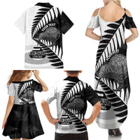 New Zealand Silver Fern Curling Personalised Family Matching Summer Maxi Dress and Hawaiian Shirt Aotearoa Kiwi Ponga Black White Version - Polynesian Pride