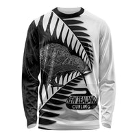 New Zealand Silver Fern Curling Personalised Long Sleeve Shirt Aotearoa Kiwi Ponga Black White Version LT14 Unisex Black - Polynesian Pride