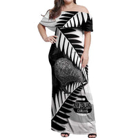New Zealand Silver Fern Curling Personalised Off Shoulder Maxi Dress Aotearoa Kiwi Ponga Black White Version - Polynesian Pride