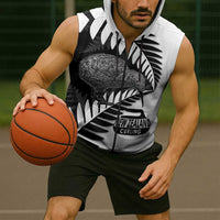 New Zealand Silver Fern Curling Personalised Sleeveless Zip Hoodie Aotearoa Kiwi Ponga Black White Version - Polynesian Pride