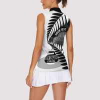 New Zealand Silver Fern Curling Personalised Women Sleeveless Polo Shirt Aotearoa Kiwi Ponga Black White Version - Polynesian Pride