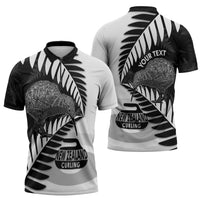 New Zealand Silver Fern Curling Personalised Zipper Polo Shirt Aotearoa Kiwi Ponga Black White Version - Polynesian Pride