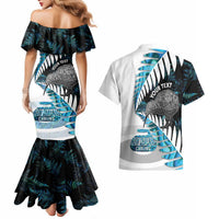 New Zealand Silver Fern Curling Personalised Couples Matching Mermaid Dress and Hawaiian Shirt Aotearoa Kiwi Ponga Paua Shell Version - Polynesian Pride