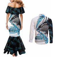 New Zealand Silver Fern Curling Personalised Couples Matching Mermaid Dress and Long Sleeve Button Shirt Aotearoa Kiwi Ponga Paua Shell Version - Polynesian Pride