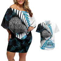 New Zealand Silver Fern Curling Personalised Couples Matching Off Shoulder Short Dress and Hawaiian Shirt Aotearoa Kiwi Ponga Paua Shell Version - Polynesian Pride
