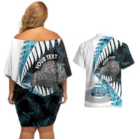 New Zealand Silver Fern Curling Personalised Couples Matching Off Shoulder Short Dress and Hawaiian Shirt Aotearoa Kiwi Ponga Paua Shell Version - Polynesian Pride