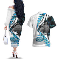 New Zealand Silver Fern Curling Personalised Couples Matching Off The Shoulder Long Sleeve Dress and Hawaiian Shirt Aotearoa Kiwi Ponga Paua Shell Version - Polynesian Pride