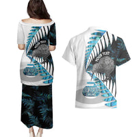 New Zealand Silver Fern Curling Personalised Couples Matching Puletasi and Hawaiian Shirt Aotearoa Kiwi Ponga Paua Shell Version - Polynesian Pride