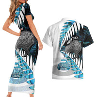 New Zealand Silver Fern Curling Personalised Couples Matching Short Sleeve Bodycon Dress and Hawaiian Shirt Aotearoa Kiwi Ponga Paua Shell Version - Polynesian Pride