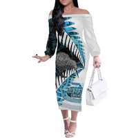New Zealand Silver Fern Curling Personalised Family Matching Off The Shoulder Long Sleeve Dress and Hawaiian Shirt Aotearoa Kiwi Ponga Paua Shell Version - Polynesian Pride