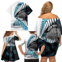 New Zealand Silver Fern Curling Personalised Family Matching Off Shoulder Short Dress and Hawaiian Shirt Aotearoa Kiwi Ponga Paua Shell Version - Polynesian Pride