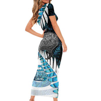 New Zealand Silver Fern Curling Personalised Family Matching Short Sleeve Bodycon Dress and Hawaiian Shirt Aotearoa Kiwi Ponga Paua Shell Version - Polynesian Pride