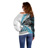 New Zealand Silver Fern Curling Personalised Off Shoulder Sweater Aotearoa Kiwi Ponga Paua Shell Version - Polynesian Pride