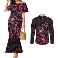 Pink Black Polynesia Floral Sea Turtle Couples Matching Mermaid Dress and Long Sleeve Button Shirt - Polynesian Pride