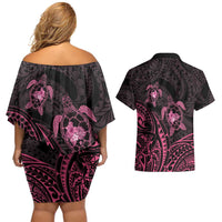 Pink Black Polynesia Floral Sea Turtle Couples Matching Off Shoulder Short Dress and Hawaiian Shirt - Polynesian Pride
