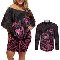 Pink Black Polynesia Floral Sea Turtle Couples Matching Off Shoulder Short Dress and Long Sleeve Button Shirt - Polynesian Pride