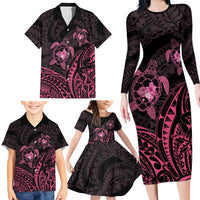 Pink Black Polynesia Floral Sea Turtle Family Matching Long Sleeve Bodycon Dress and Hawaiian Shirt - Polynesian Pride