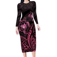 Pink Black Polynesia Floral Sea Turtle Long Sleeve Bodycon Dress - Polynesian Pride