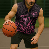 Pink Black Polynesia Floral Sea Turtle Sleeveless Zip Hoodie - Polynesian Pride