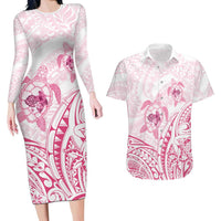 Pink White Polynesia Floral Sea Turtle Couples Matching Long Sleeve Bodycon Dress and Hawaiian Shirt LT14 White - Polynesian Pride