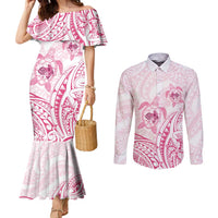 Pink White Polynesia Floral Sea Turtle Couples Matching Mermaid Dress and Long Sleeve Button Shirt - Polynesian Pride