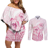 Pink White Polynesia Floral Sea Turtle Couples Matching Off Shoulder Short Dress and Long Sleeve Button Shirt - Polynesian Pride