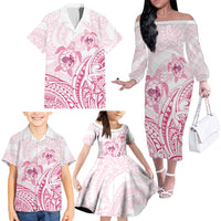 Pink White Polynesia Floral Sea Turtle Family Matching Off The Shoulder Long Sleeve Dress and Hawaiian Shirt - Polynesian Pride