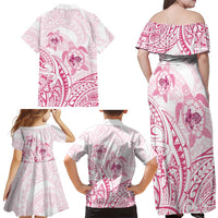 Pink White Polynesia Floral Sea Turtle Family Matching Off Shoulder Maxi Dress and Hawaiian Shirt - Polynesian Pride