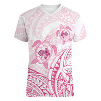 Pink White Polynesia Floral Sea Turtle Women V-Neck T-Shirt - Polynesian Pride