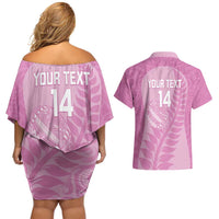 Custom New Zealand Silver Fern Rugby 2025 Couples Matching Off Shoulder Short Dress and Hawaiian Shirt All Black Aotearoa Maori Pink