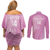 Custom New Zealand Silver Fern Rugby 2025 Couples Matching Off Shoulder Short Dress and Long Sleeve Button Shirt All Black Aotearoa Maori Pink