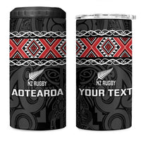 Custom New Zealand Silver Fern Rugby 4 in 1 Can Cooler Tumbler All Black Maori Taniko Pattern