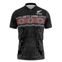 Custom New Zealand Silver Fern Rugby Zipper Polo Shirt All Black Maori Taniko Pattern - Polynesian Pride