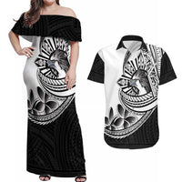 Philippines Eagle Sun Couples Matching Off Shoulder Maxi Dress and Hawaiian Shirt Filipino Agila Polynesian Tattoo Black Color