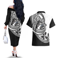 Philippines Eagle Sun Couples Matching Off The Shoulder Long Sleeve Dress and Hawaiian Shirt Filipino Agila Polynesian Tattoo Black Color